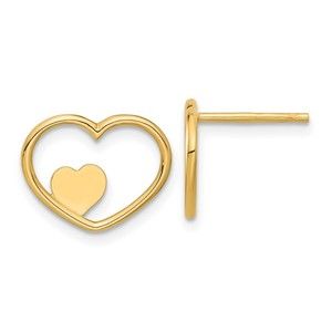 14K Open Heart with Small Heart Post Earrings